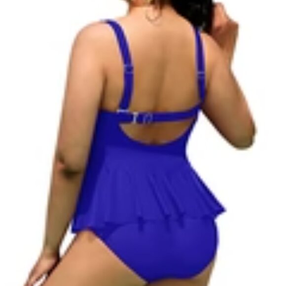 YONIQUE ROYAL BLUE PEPLUM HEM SCALLOPED EDGE CUT-OUT TANKINI TOP SIZE 20W NWT - Picture 3 of 8